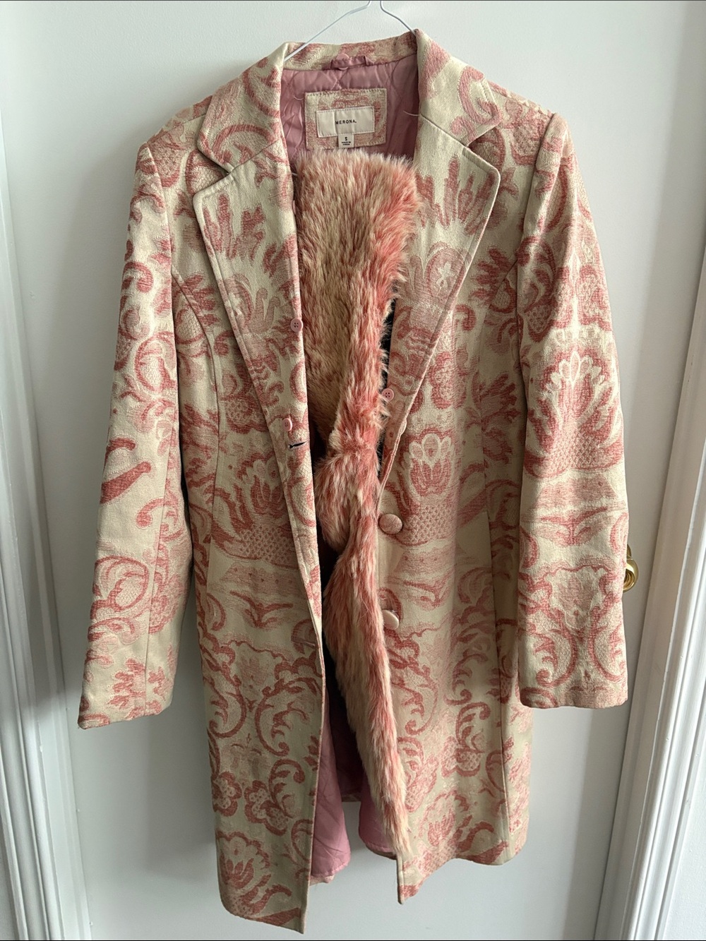 Merona Cream and Pink Floral Brocade Trench Coat with Faux Fur Trim